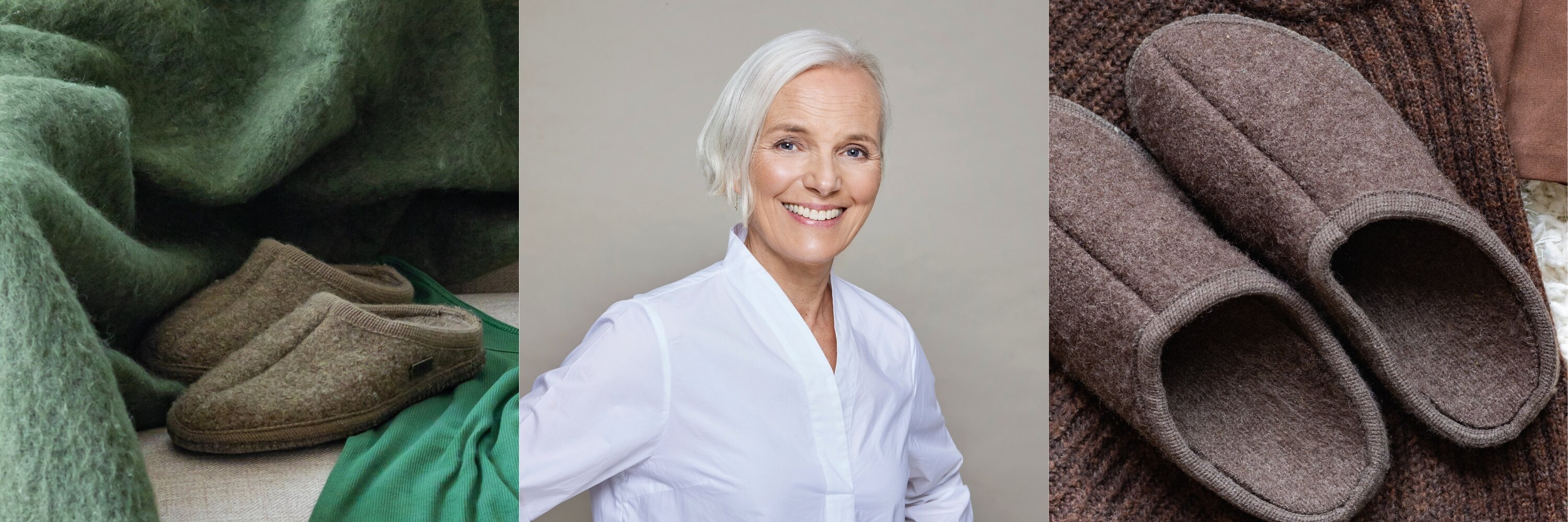 Till vänster syns en kvinna med ett varmt leende, klädd i en klassisk vit skjorta. Till höger ligger ett par mjuka ulltofflor på en soffa, tillsammans med en grön filt och en klänning i samma nyans